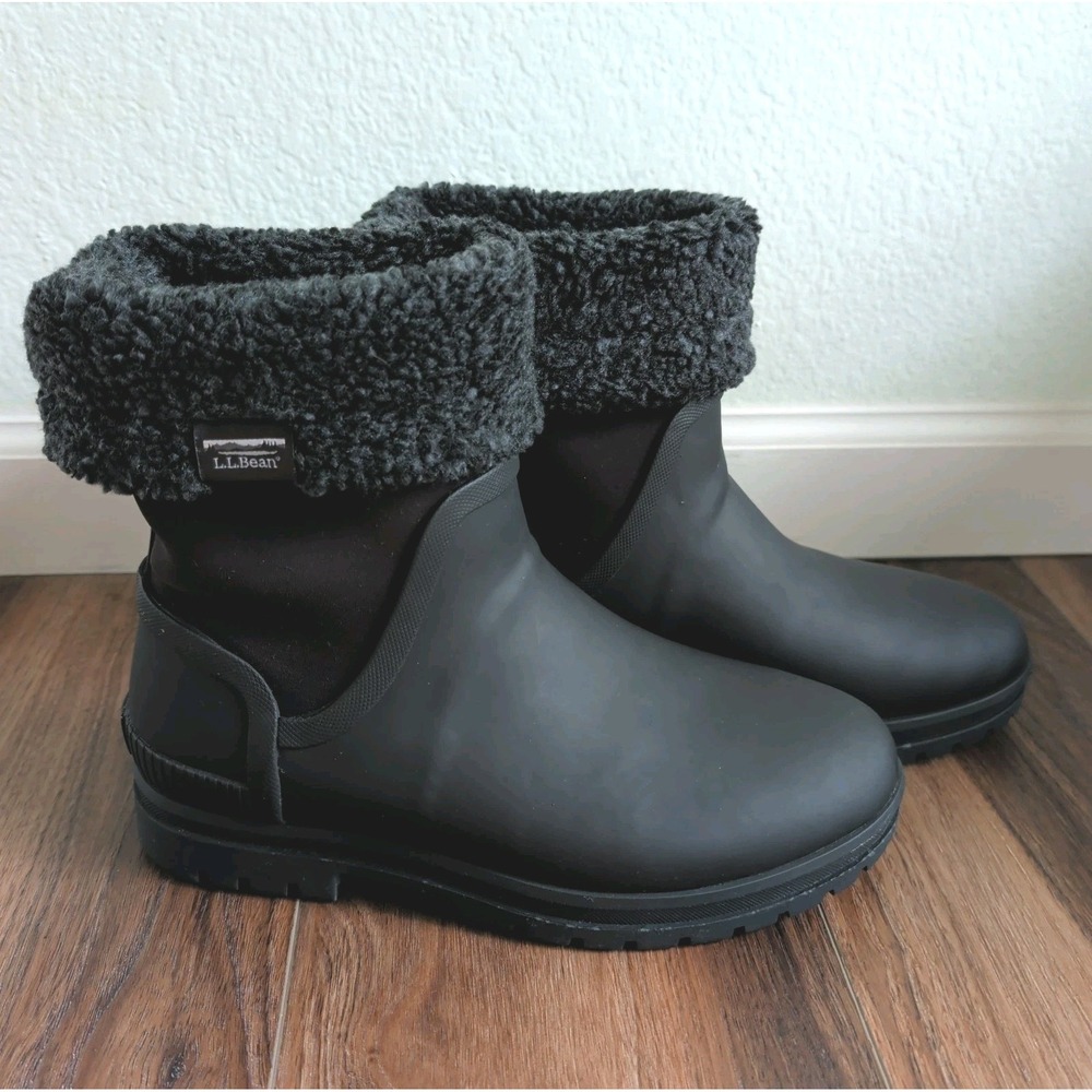 L.L. BEAN Rugged Winter WELLIE Rain Boots Black & Gray Lined Women's Size 9 EUC